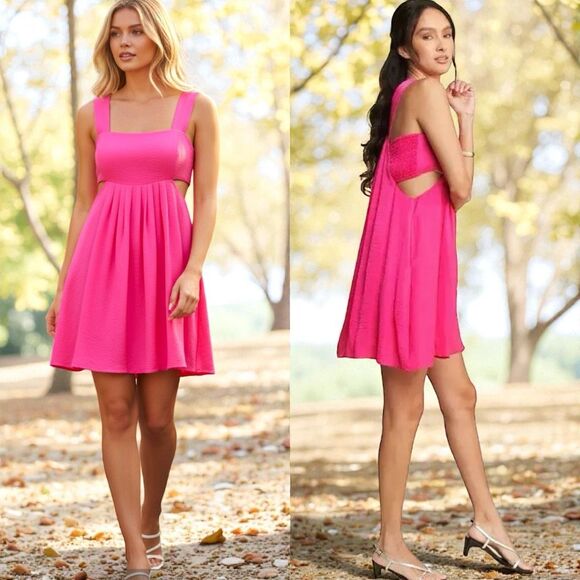 Hot Pink Mini Dress Pocket Washed Satin Cutout Skirt Bandeau | Davi & Dani - Picture 3 of 16